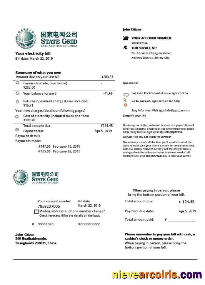 China State Grid Corporation of China electricity utility bill